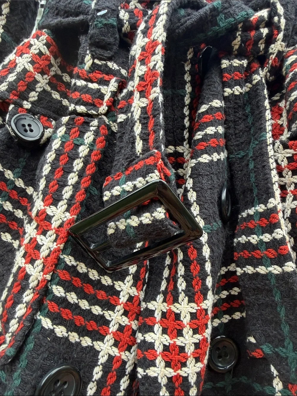 Plaid Belted Wool-Blend Trench Coat - blue, orange, green, Cream - Picture 3 of 7